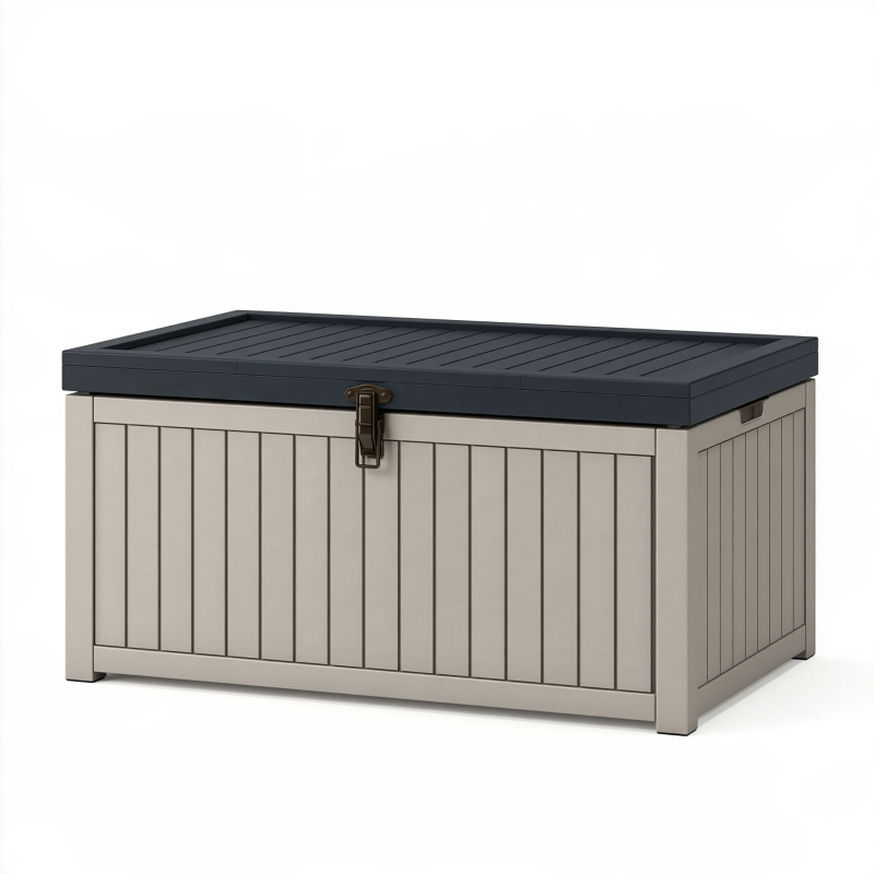Coffre de rangement extérieur 120 x 60 x 65 cm en résine beige anthracite avec couvercle verrouillable