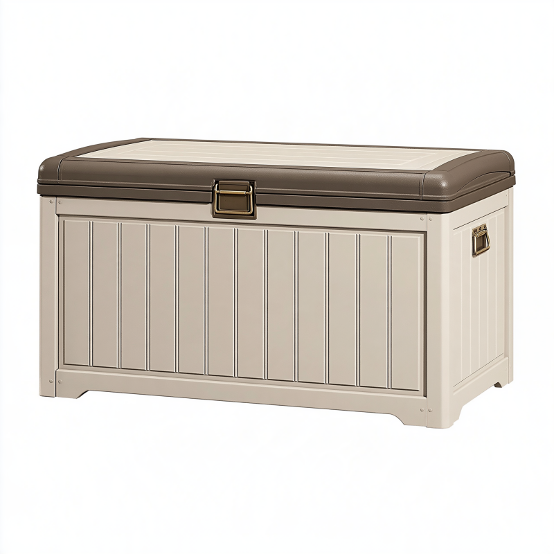 Coffre de rangement extérieur 120 x 55 x 60 cm en résine beige et marron à couvercle