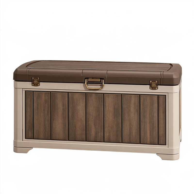 Coffre de rangement jardin 120 x 55 x 60 cm en plastique taupe et brun avec couvercle verrouillable