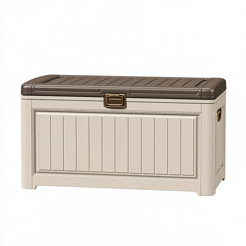 Coffre de rangement extérieur 120 x 55 x 60 cm en plastique beige marron avec couvercle