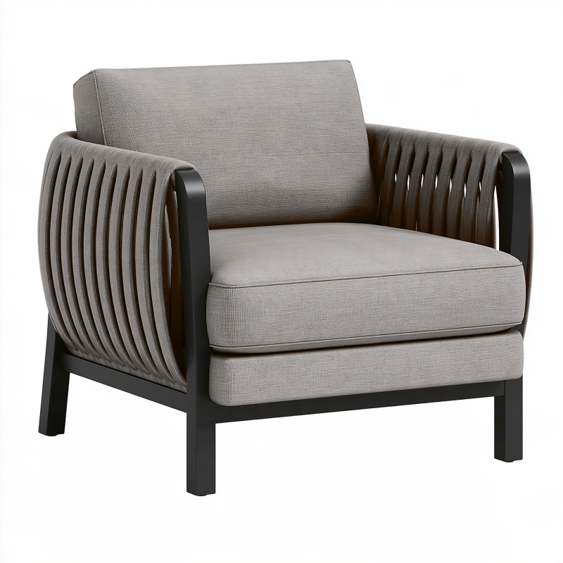 Fauteuil 82 x 78 x 82 cm en tissu gris et métal noir style contemporain avec accoudoirs texturés