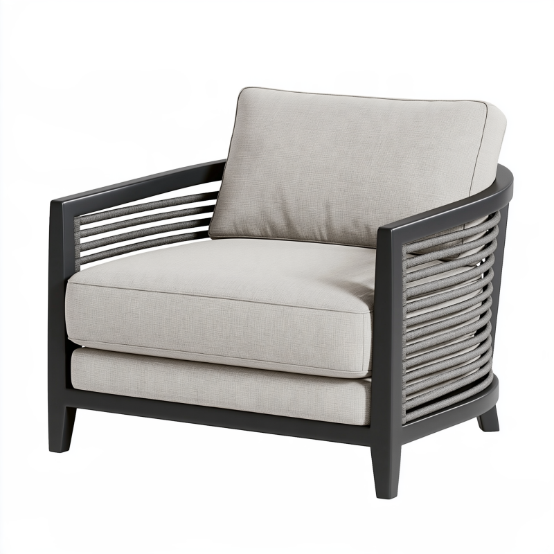 Fauteuil 82 x 78 x 80 cm en métal noir et textile beige - style contemporain tressé