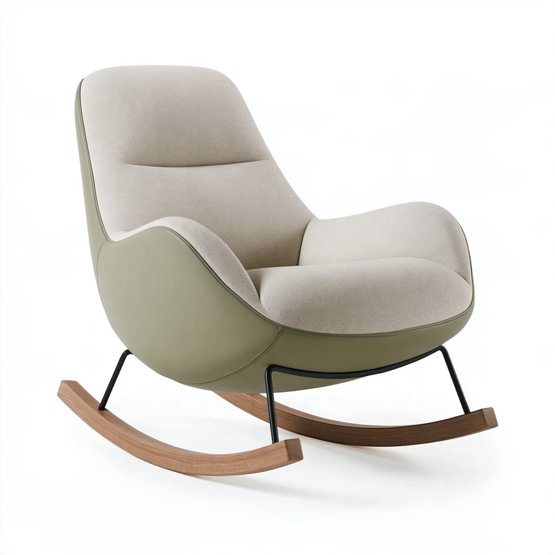 Fauteuil à bascule 105 x 75 x 95 cm en tissu bouclette beige et similicuir vert style contemporain