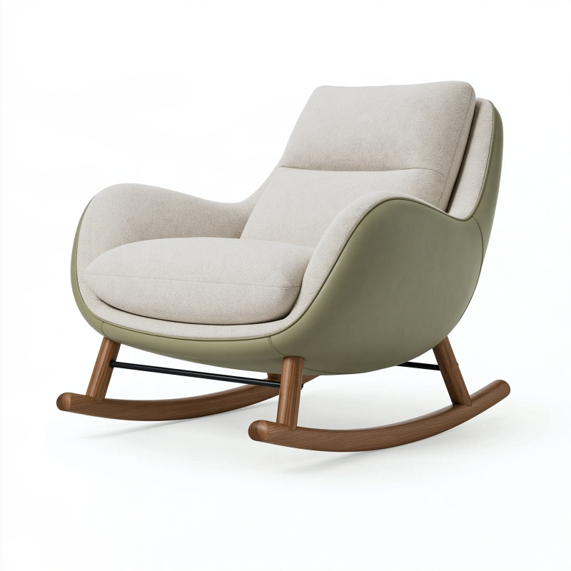Fauteuil à bascule 95 x 75 x 98 cm en tissu bouclette beige et revêtement vert avec patins en bois