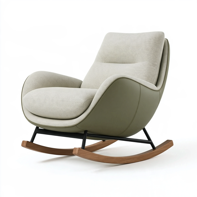 Fauteuil à bascule 80 x 95 x 100 cm en tissu bouclette beige et vert kaki style contemporain