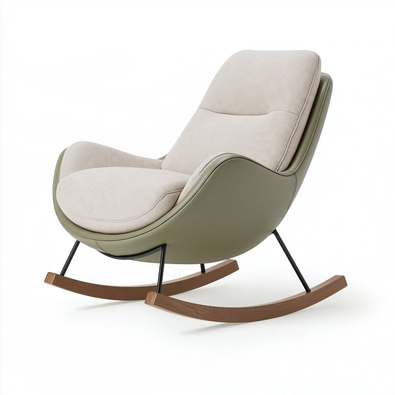 Fauteuil à bascule 70 x 95 x 100 cm en tissu beige et similicuir vert olive avec patins en bois