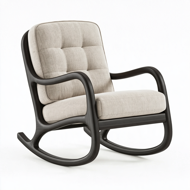 Fauteuil à bascule 68 x 95 x 95 cm en bois noir et tissu beige confortable