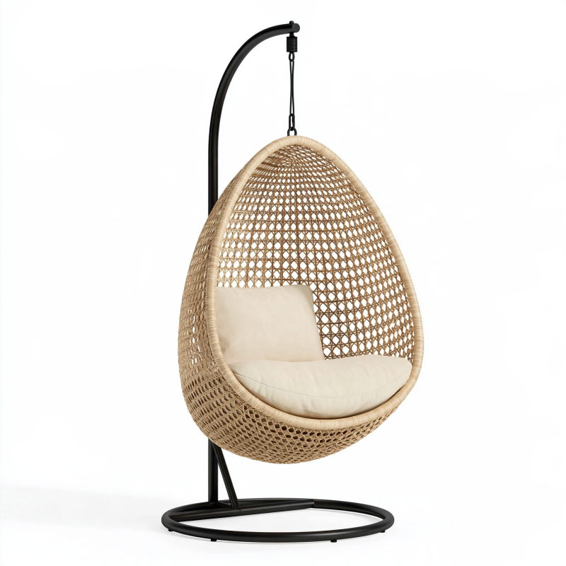 Fauteuil suspendu 105 x 105 x 195 cm en rotin tressé beige avec support noir - assise cocon