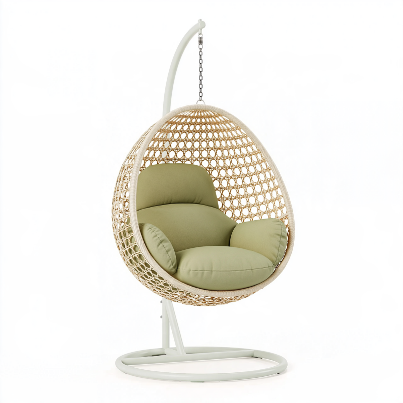 Fauteuil suspendu 105 cm x 105 cm x 195 cm en métal et fibres tressées beige avec assise vert olive sur pied