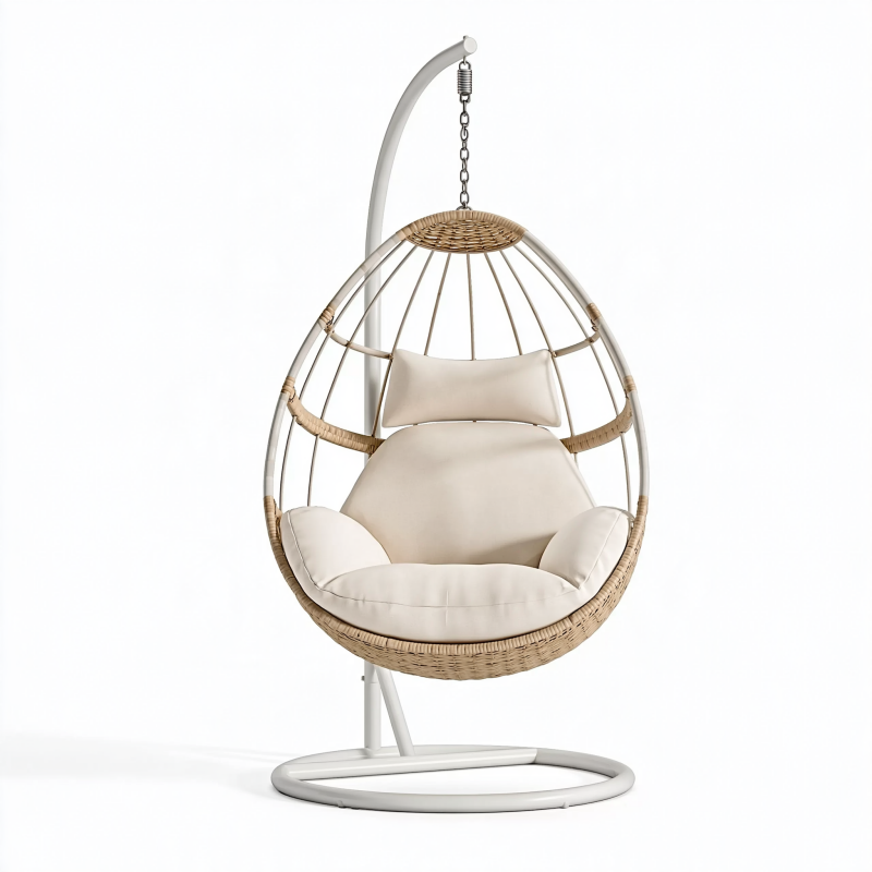 Fauteuil suspendu 105 x 105 x 195 cm en acier et fibres tressées beige avec coussins