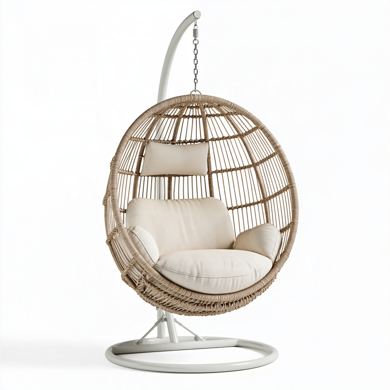 Fauteuil suspendu Ø105 cm en rotin beige avec support métallique style bohème