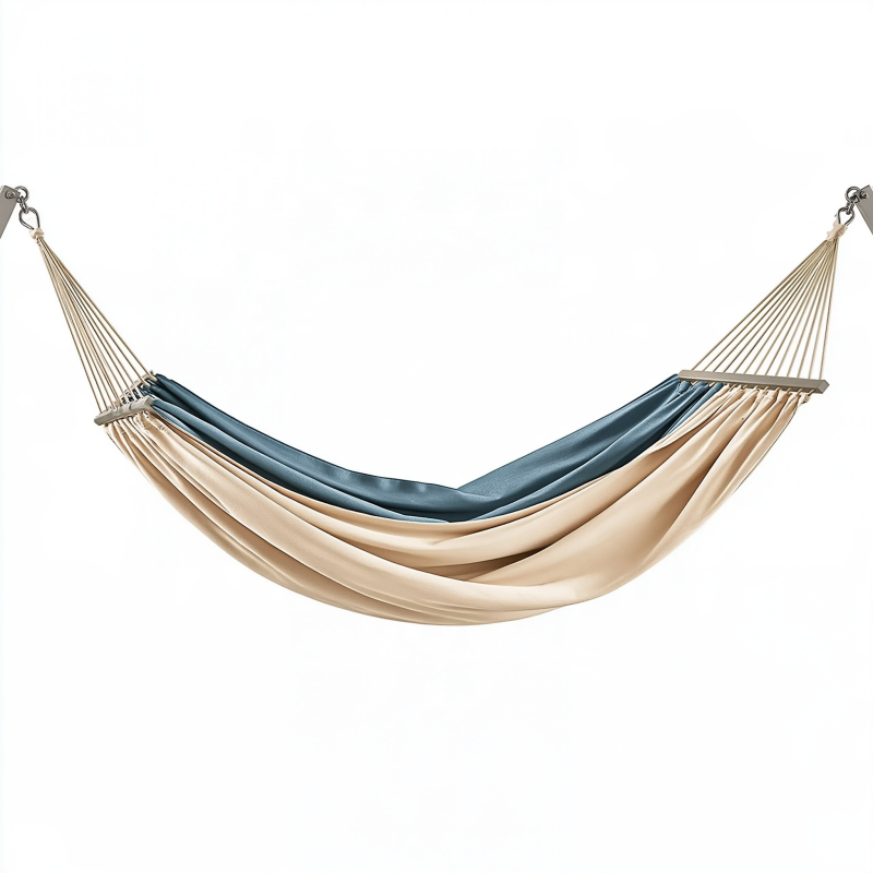 Hamac 200 x 120 cm en tissu beige et bleu avec barres pour jardin