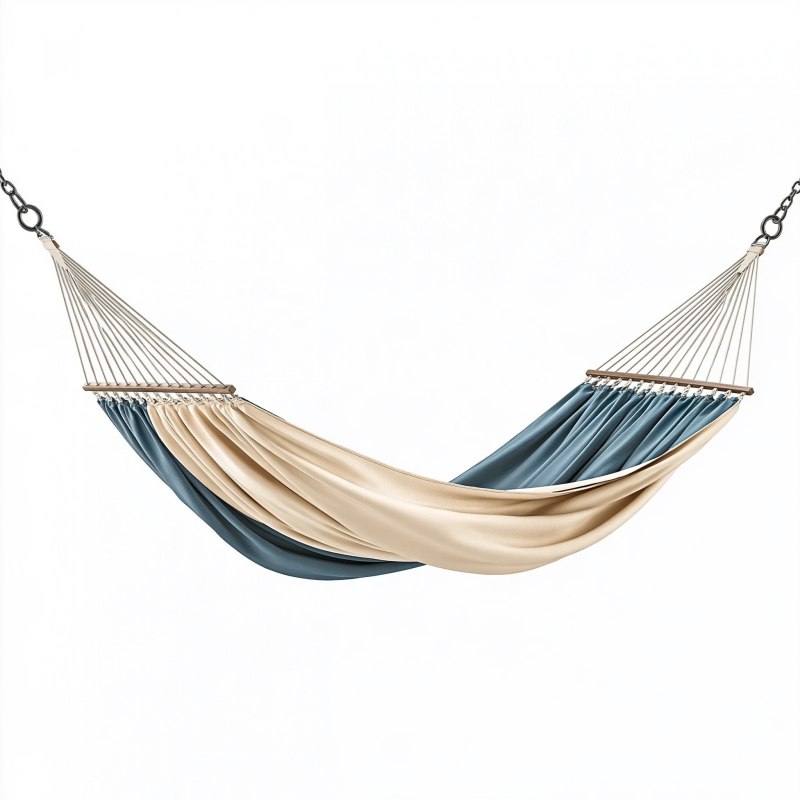 Hamac 300 x 150 cm en tissu bleu et beige avec barres en bois pour détente extérieure