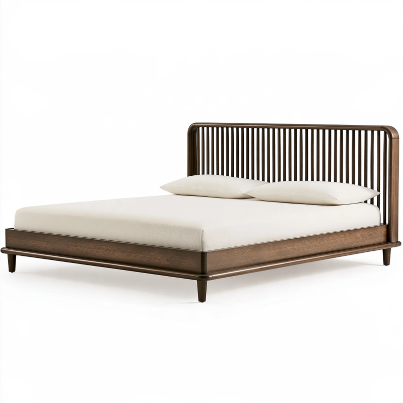 Lit double 160 x 200 cm en bois marron avec tête de lit ajourée style contemporain