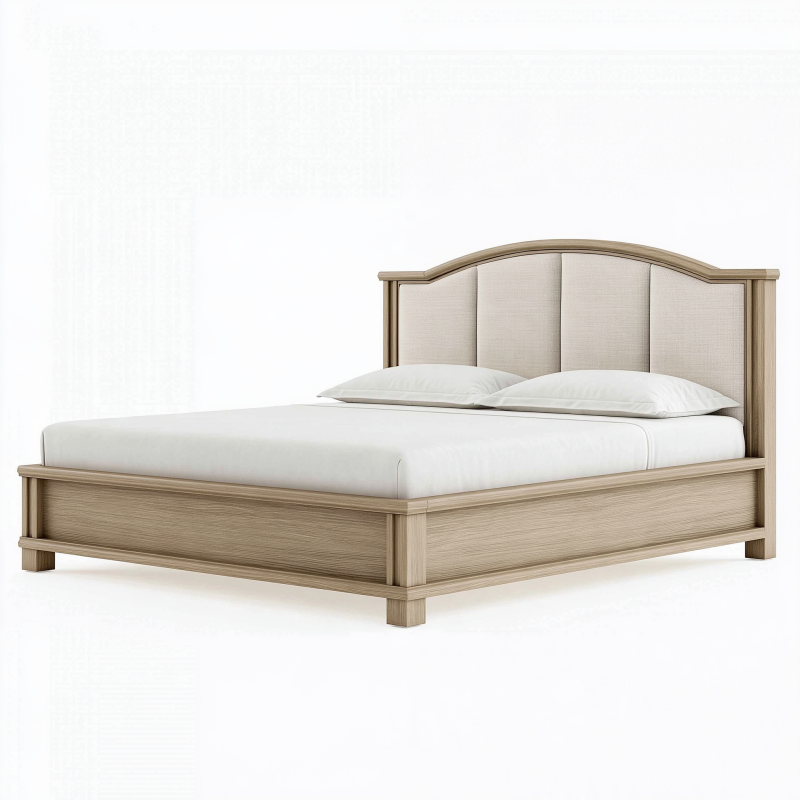 Lit double 160 x 200 cm en bois beige avec tête de lit capitonnée classique
