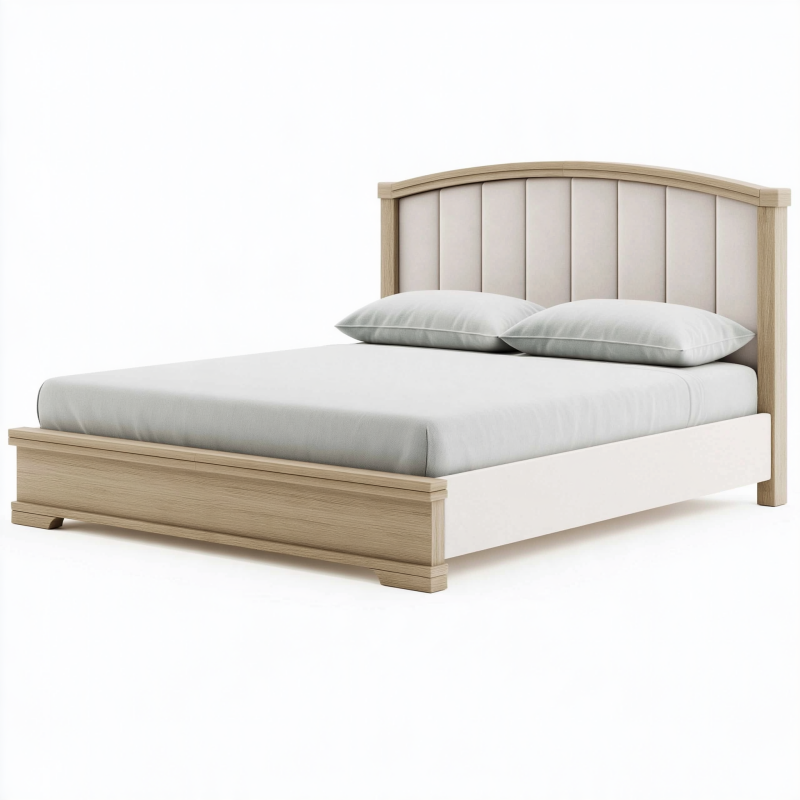 Lit 160 x 200 cm en bois beige avec tête de lit capitonnée - Style contemporain