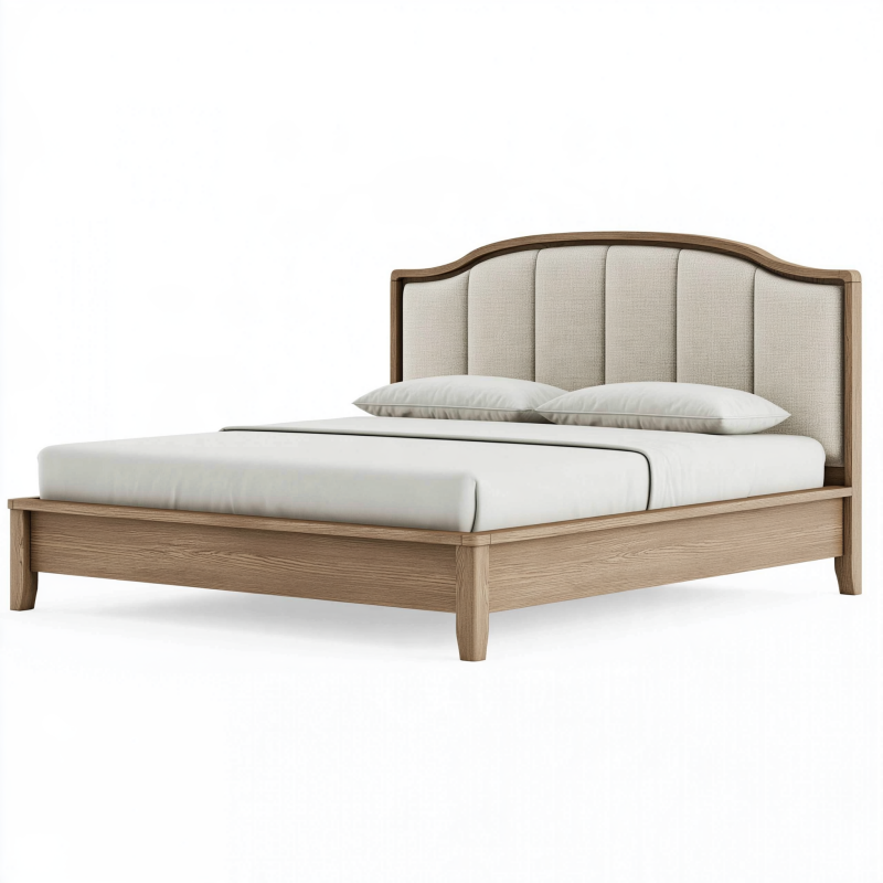 Lit 160 x 200 cm en bois naturel et tissu beige avec tête de lit capitonnée