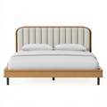 Lit double 160 x 200 cm en bois naturel et tête de lit capitonnée beige style contemporain