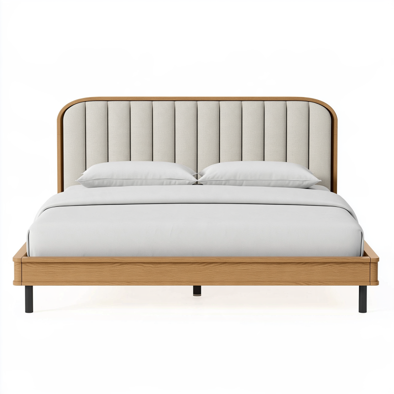Lit double 160 x 200 cm en bois naturel et tête de lit capitonnée beige style contemporain